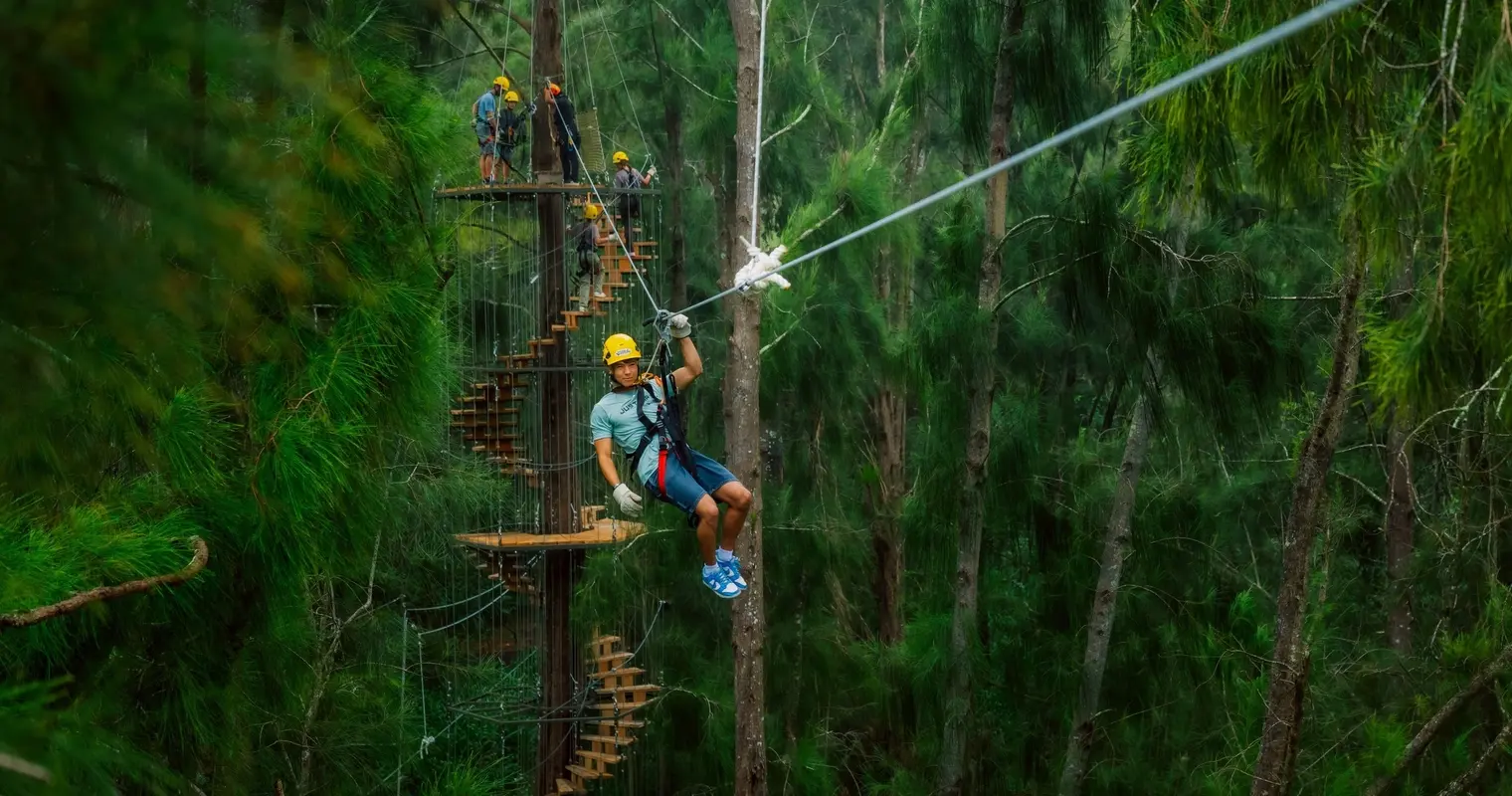 A rider ziplining through the forest canopy at ʻIole in North Kohala
