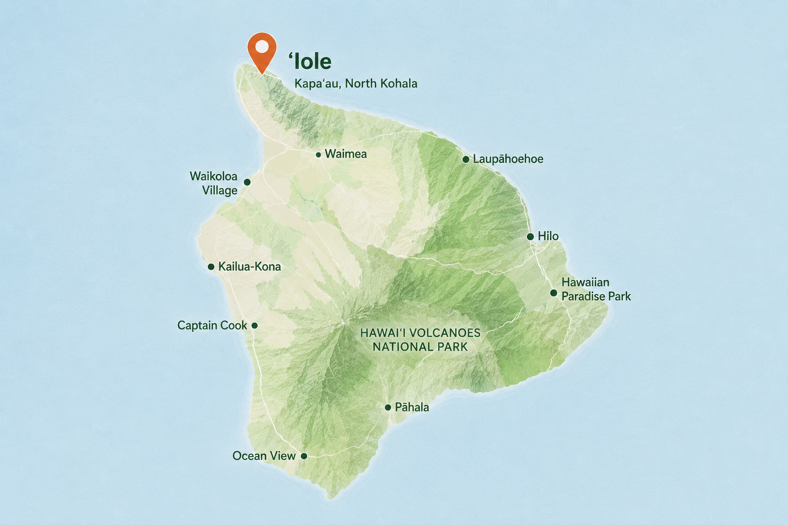 Map of Hawaiʻi Island showing ʻIole in Kapaʻau, North Kohala